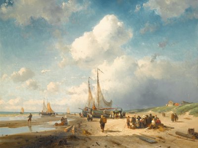 Kustscène met vissersvolk door Charles Henri Joseph Leickert